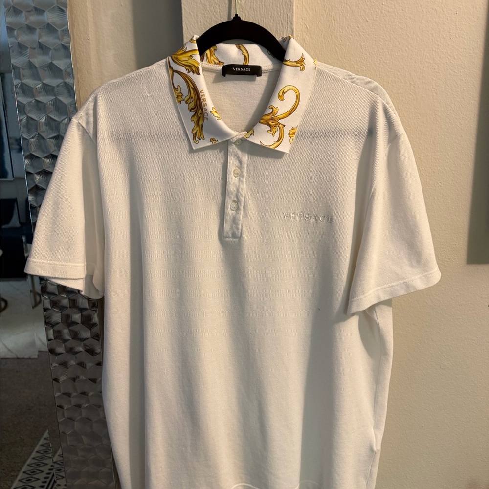 Versace White Polo with Gold Baroque Collar Accent
